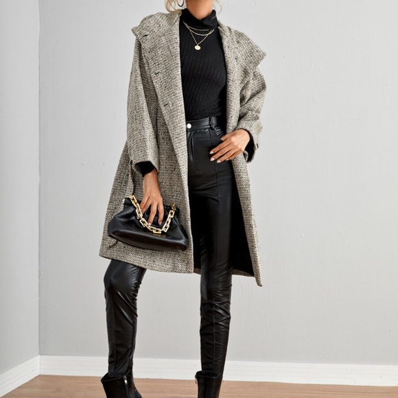 button closure tweed beige trench pea coat belted - Picture 2 of 6